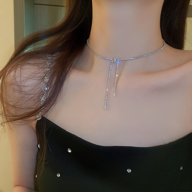 Kalung Zircon Mutiara Mewah Elegan Busur Butterfly Rumbai Opal Choker Untuk Perhiasan Aksesoris Wanita