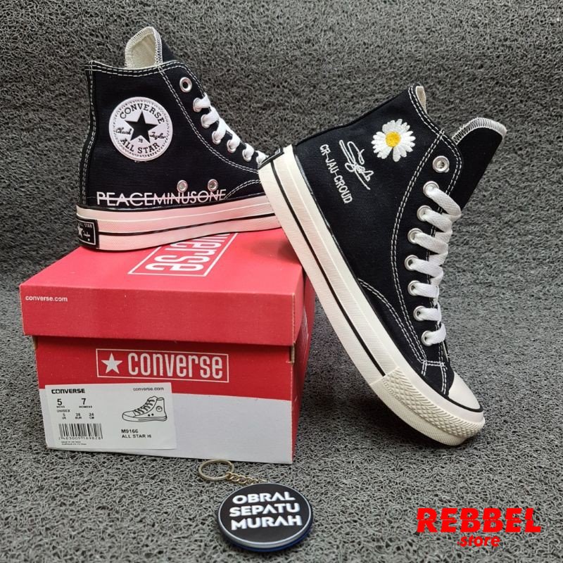 REBBEL - SEPATU CONVERSE 70S HIGH X PEACE MINUSONE MOTIF BUNGA DIRTY BLACK WHITE SOL GLOSSY