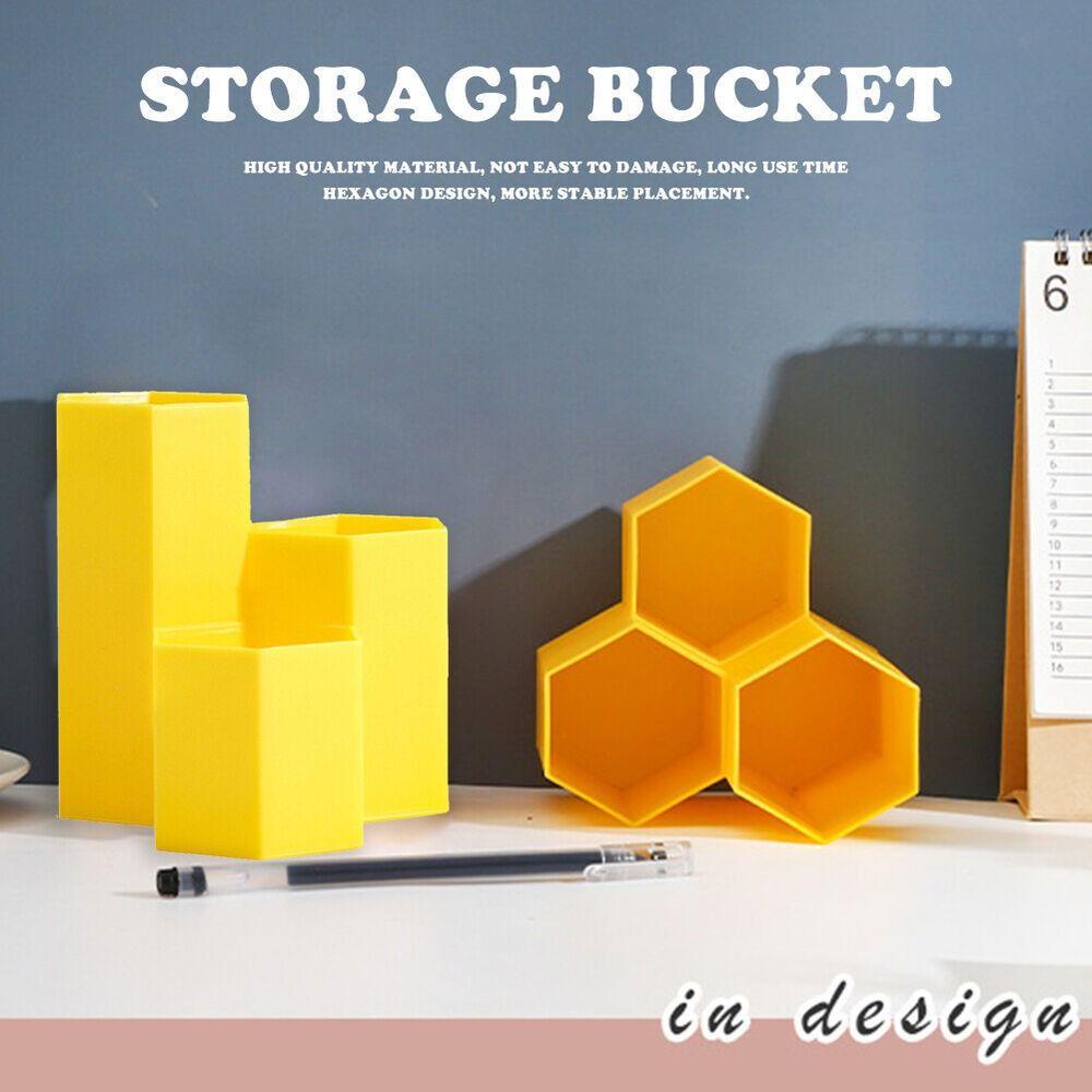 R-flower Hexagonal Rhombus Storage Pen Holder Wadah Sikat Plastik Desktop Storage Three-compartment Storage Pen Box
