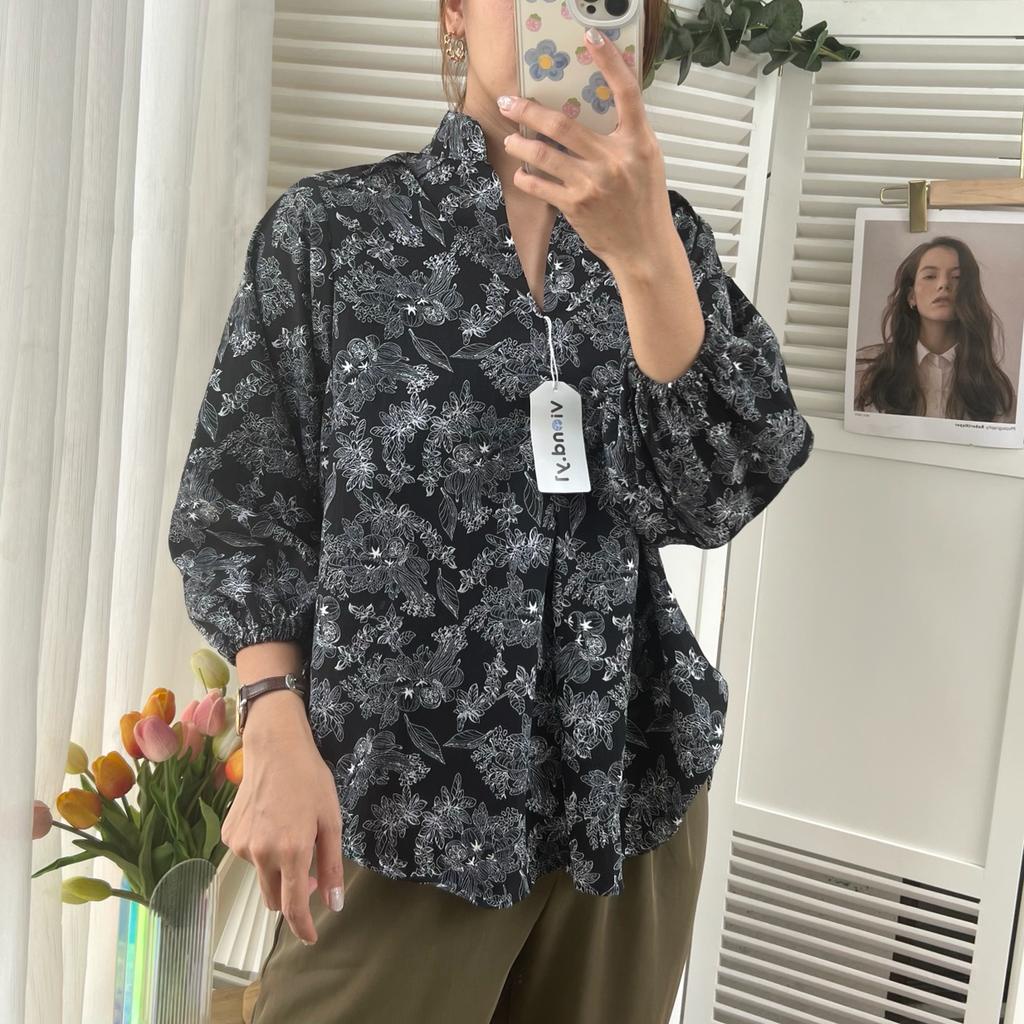 Baju Atasan Basic Wanita V-Neck / Blouse Cewek Korea Motif / Kemeja Bunga Dahlia Oversize Lengan Panjang 123