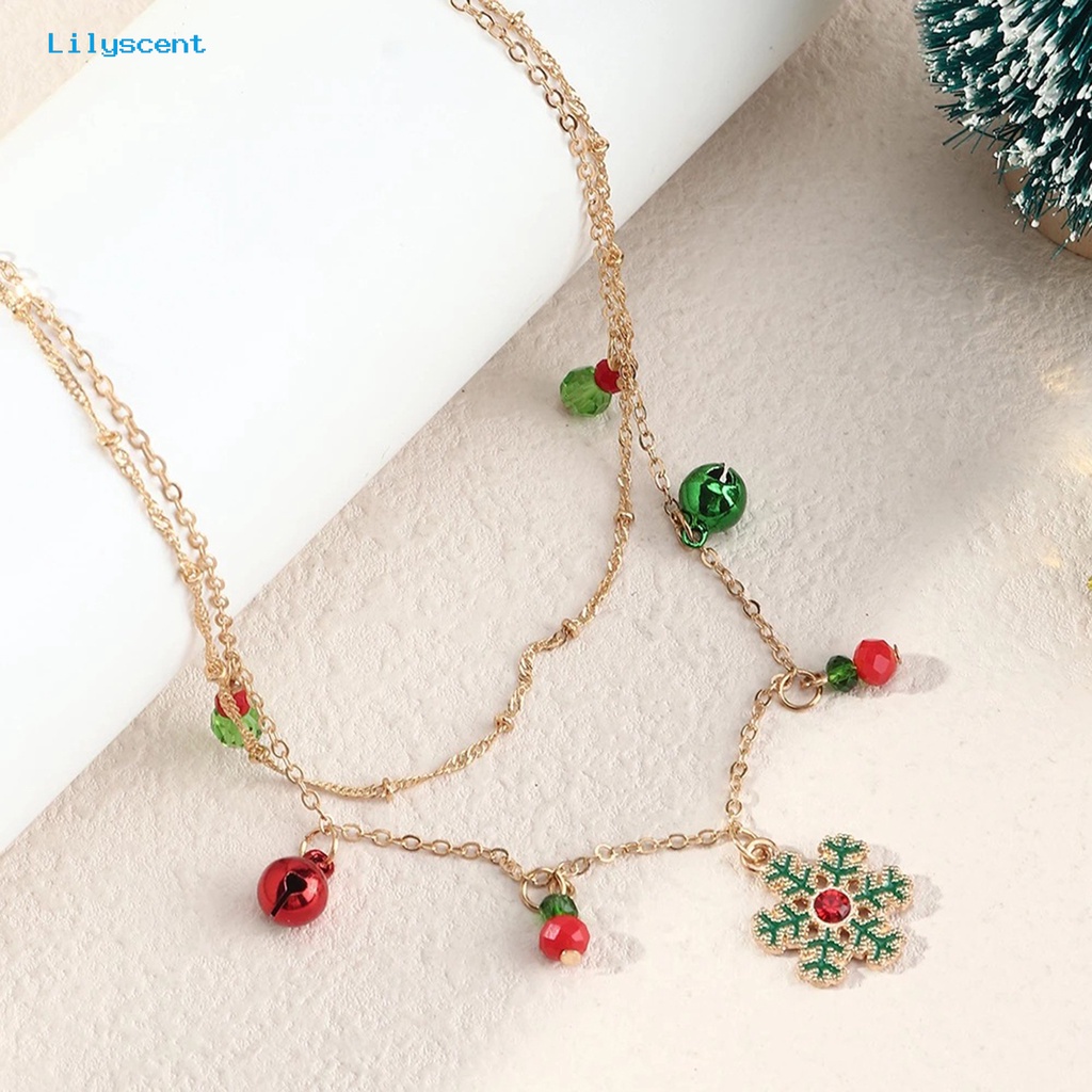 [LS] Wanita Kalung Double Layer Warna-Warni Lonceng Kristal Imitasi Meriah Electroplating Adjustable Dekorasi Hadiah Tahun Baru Natal Snowflake Pendant Rantai Klavikula Perhiasan Pesta