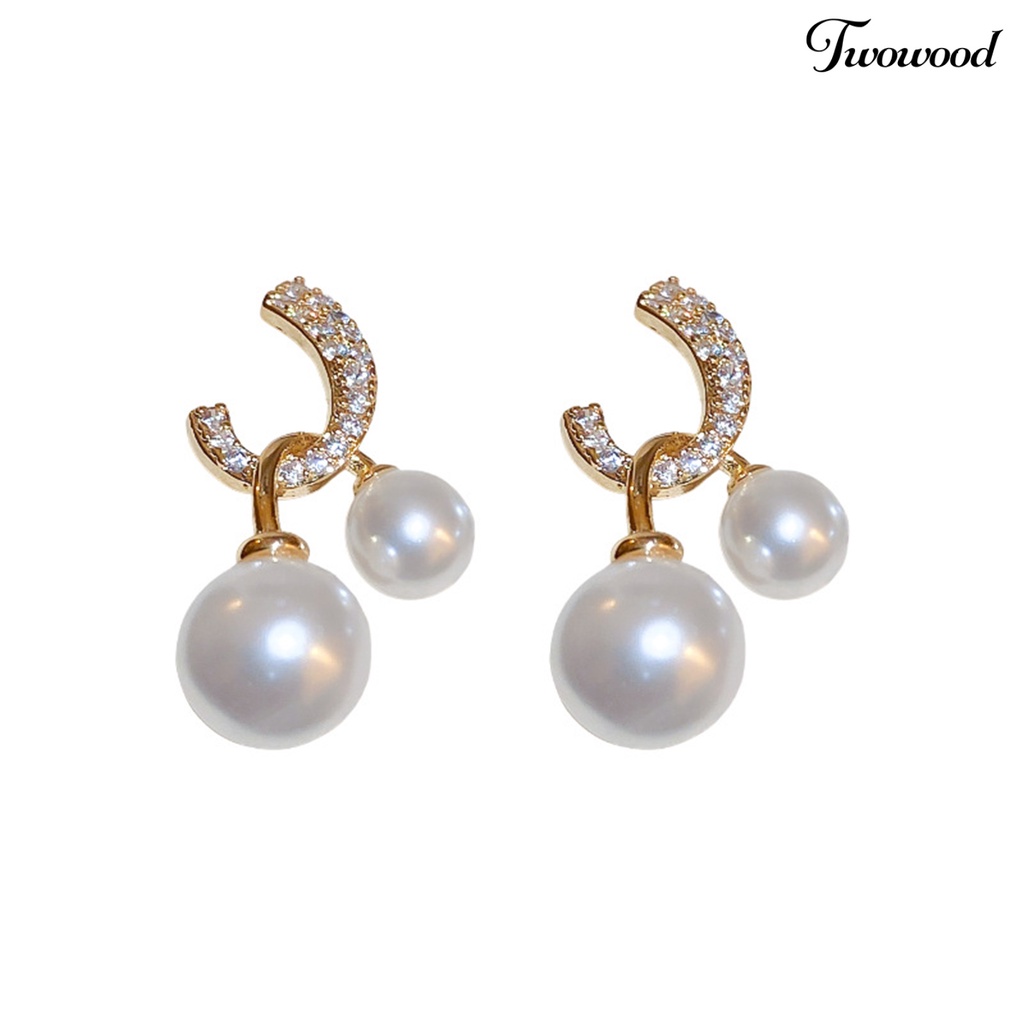 Twowood 1pasang Stud Earrings Dual Faux Pearls Dainty Golden Bling Berlian Imitasi Wanita Drop Earrings Fashion Perhiasan