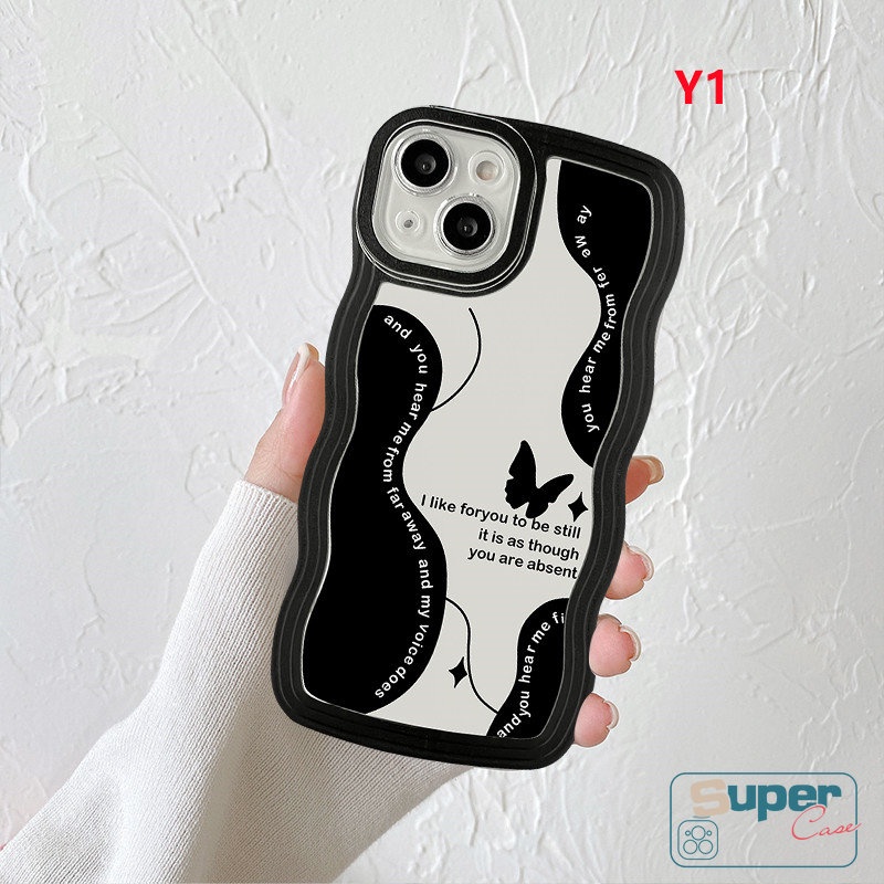 IPHONE Casing Tepi Bergelombang Kompatibel Untuk Iphone14 11 13 12 Pro Max 6s 6 7 8 Plus XR X XS Max14 Plus SE 2020 Soft Tpu Vintage Flower Black Retro Butterfly Cover