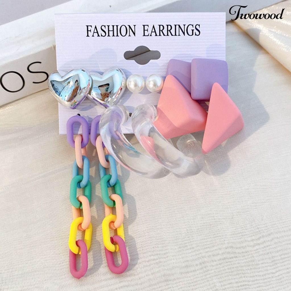 Twowood 4/6pasang Anting Pejantan Geometris Tahan Luntur Permukaan Halus Manis Akrilik Kreatif Hati Permen Warna Menjuntai Anting-Anting Perhiasan Aksesoris