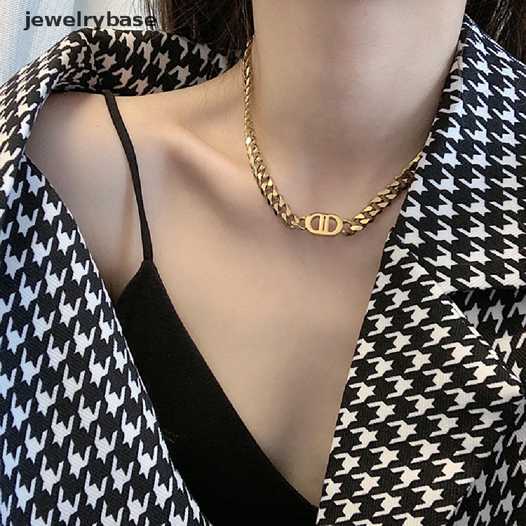 [jewelrybase] Fashion Baru Emas Rantai Tebal Surat Ganda D Baja Titanium Kalung Wanita Hip-hop Hidung Babi Klavikula Rantai Liar Keren Gadis Jewery Butik