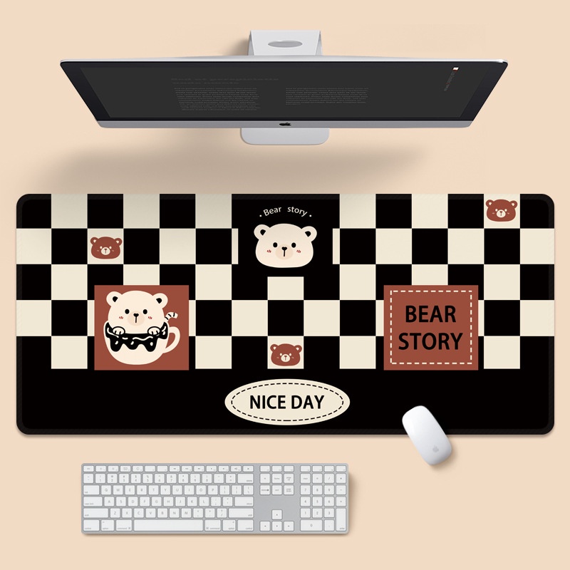 Alas Mouse Checkerboard Mouse Pad Alas Mouse Komputer Anti Slip Beruang Bunga Lucu Alas Mouse Kantor Alas Keyboard Komputer Karet (800mm X 300mm X 3mm)