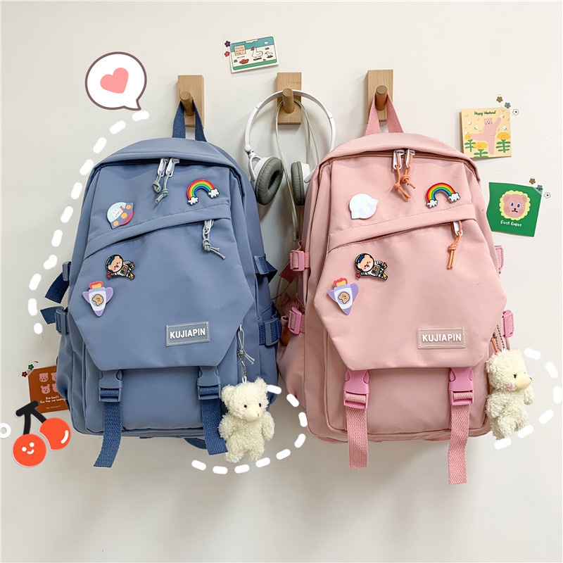 GROSIRTAS LV0260 Tas Ransel Wanita Kanvas Kujiapin Import Backpack Free Boneka Dan Pin Sticker