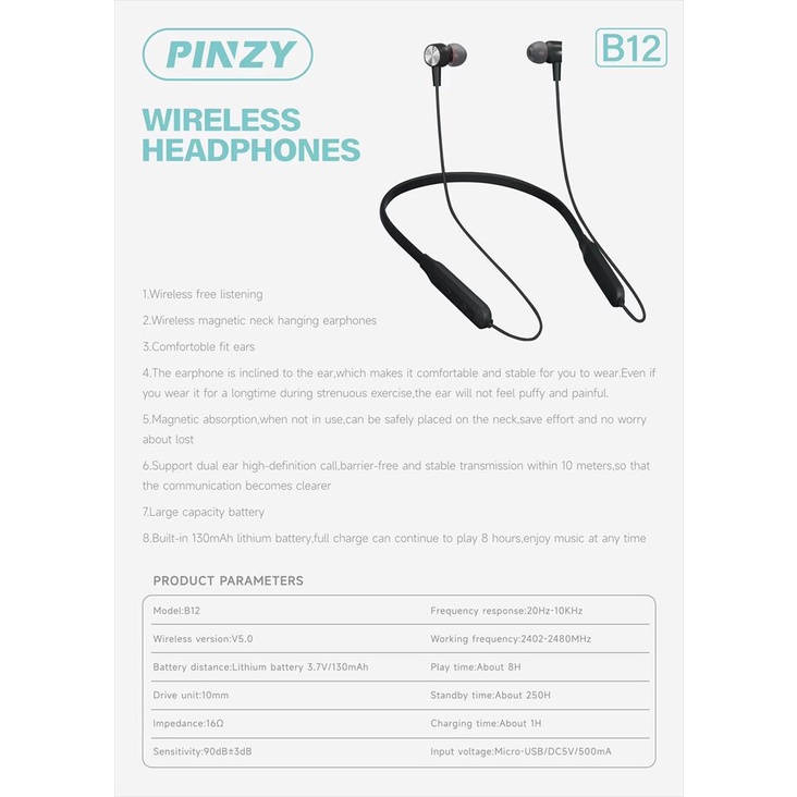 Headset Bluetooth PINZY B12  Sport Neckband Wireless Headphones