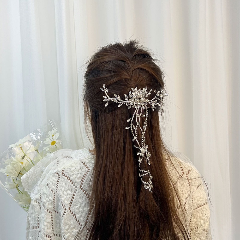 Ikat Rambut Kristal Bunga Elegan/Bridal Rantai Rumbai Panjang Berlian Imitasi Sisir Rambut/Wanita Pesta Perjamuan Braided Hiasan Kepala