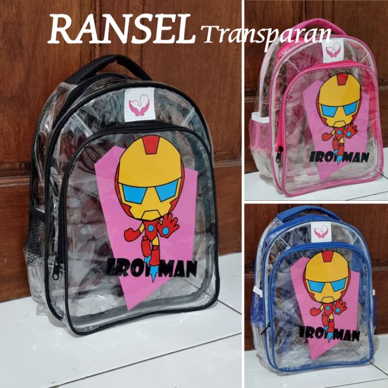 Hot Sale Tas Ransel Transparan PVC Karakter Iron-man Tas Sekolah TK,SD Anak Pria Wanita