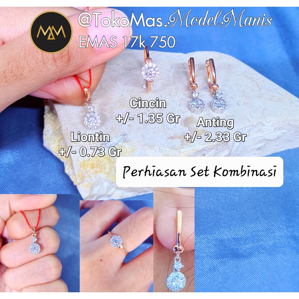 Perhiasan Set Anting Cincin Liontin diamond looks emas kombinasi putih 750 kadar 17k