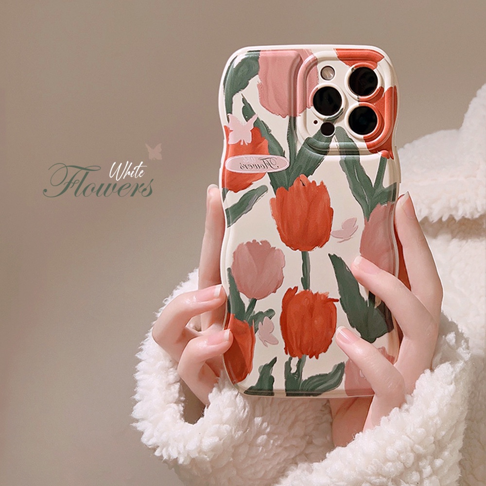 IPHONE Orange Flowers Soft Beige Wave Edge Case Untuk Iphone14 11 12 13 PRO MAX Casing Cover Pelindung AT0017