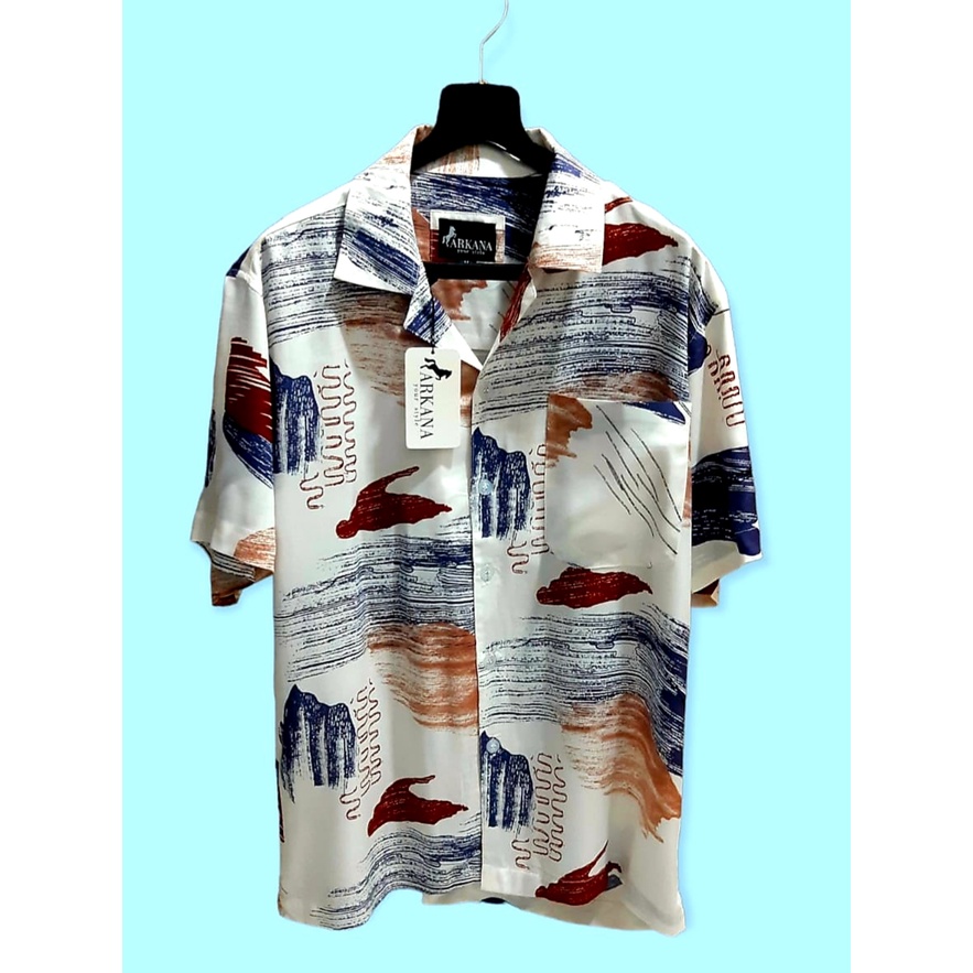 ARKANA - Kemeja Hawaii Pria Printing Bahan Katun Rayon Premium | Kemeja Pantai Pria - Putih Abstrak