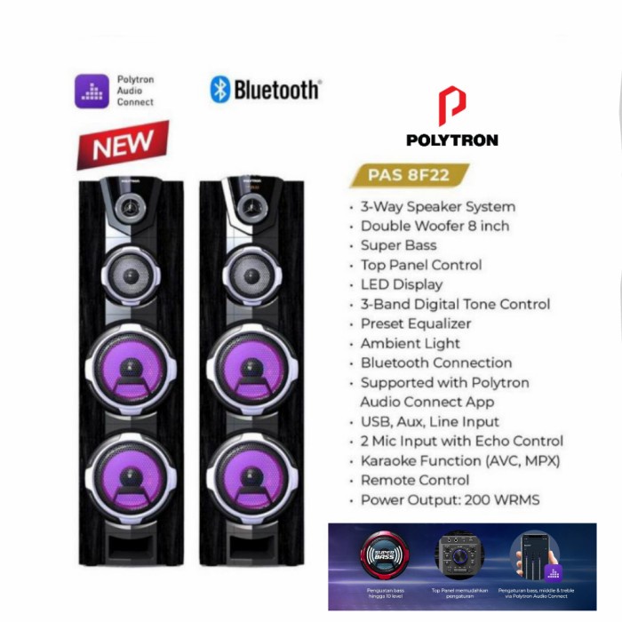 POLYTRON SPEAKER AKTIF PAS 8FF22 BLUETOOTH DOUBLE WOOFER 8 INCH