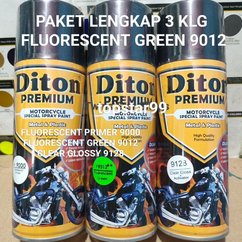 Diton Premium Paket Lengkap 3 Kaleng 400cc Hijau Stabilo Fluorescent Green 9012 Fluorescent Primer 9000 Clear Glossy 9128 Pilox Pilok Cat Semprot Spray Paint