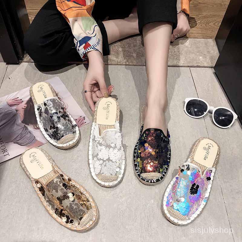 #Sisjuly# Sandal wanita baru bawah datar wanita retro paket kepala setengah sandal fashion payet sep