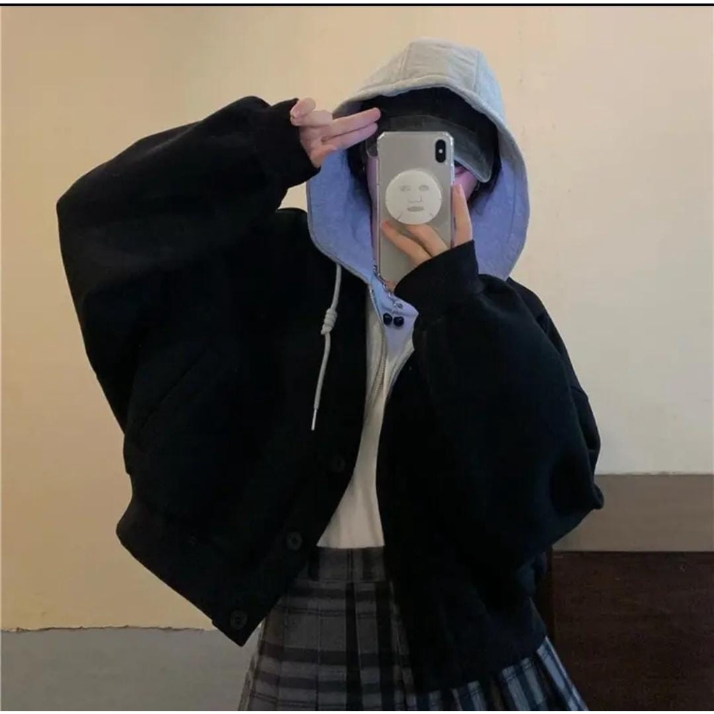 JAKET HOODIE KOREA DOUBLE CARDIGAN SWEATER WANITA PRIA