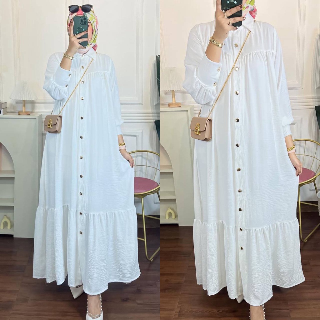 Fania Jumbo Dress Wanita Crinkle Airflow Premium Gamis Terbaru Full Kancing Hidup Baju Muslim Lengan Manset Kekinian LD 130 cm