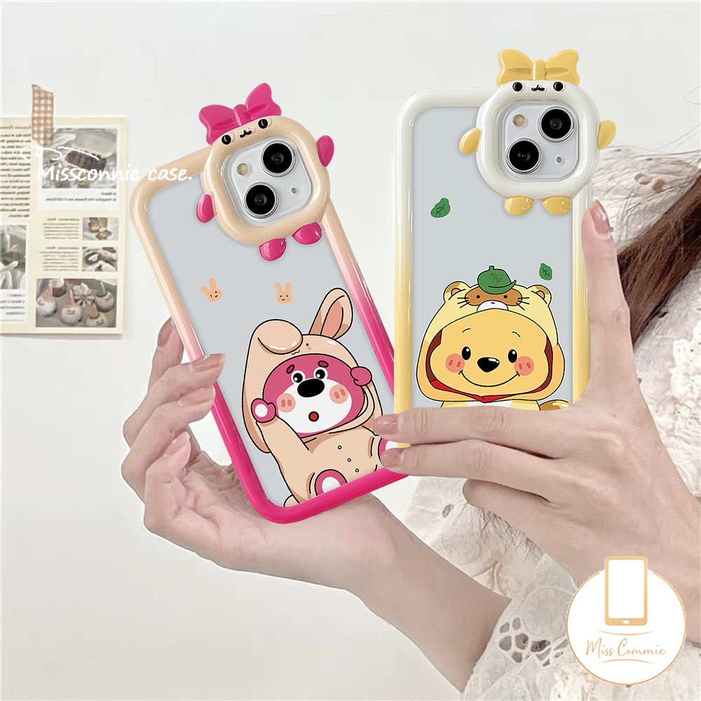 IPHONE 3d Bow-knot Little Monster Lens Cute Strawberry Bear Manyo Case Kompatibel Untuk Iphone11 13 12 14 Pro Max 7 6 14 6s 8 Plus XR X XS Max SE 2020 Lembut Indah Winnie The Pooh Cover