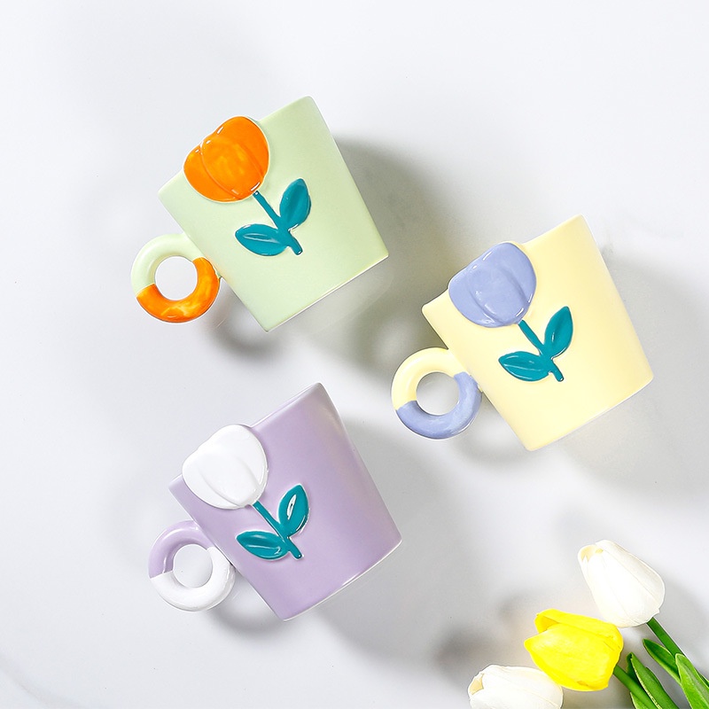 Gelas Mug Tulip Motif Lukis Bunga Estetik Korea Aesthetic