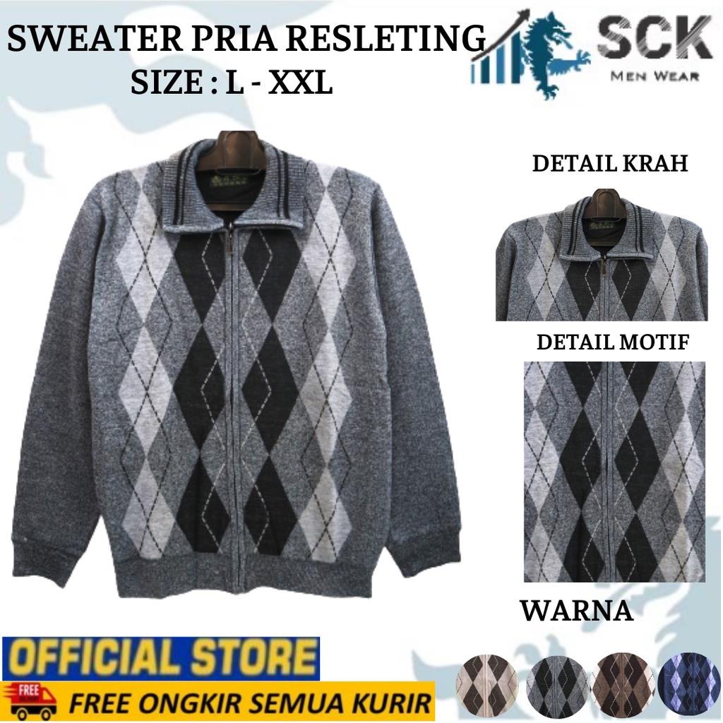 Sweater Pria Rajut Krah Resleting Full Motif Casual - sckmenwear GROSIR