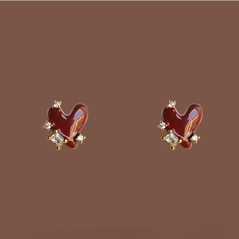 Anting Zirkon Geometris Cinta Merah Anggur Gadis Keren Retro Hati Ear Studs Untuk Perempuan