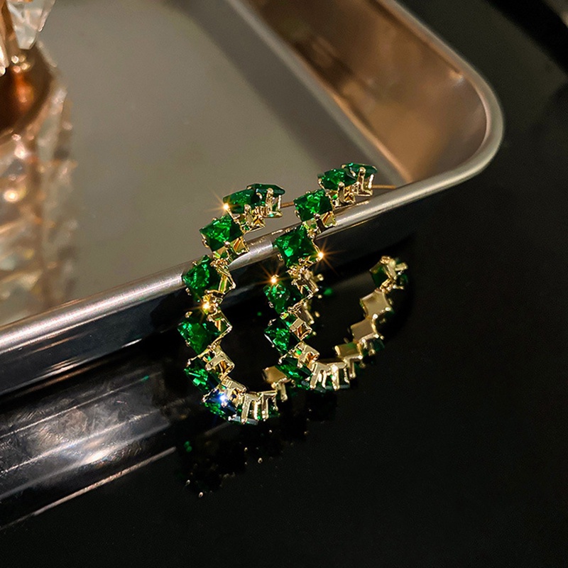 Shiny Luxury High Quality Inlay Hoop Earrings Bulat Hijau Zirkon Anting Kristal Untuk Wanita Hadiah Perhiasan Pesta Pertunangan