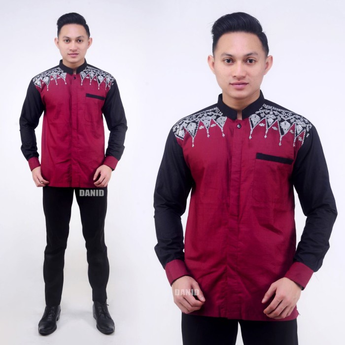 Berkualitas Baju Koko Pria Panjang Kombinasi Bordir Warna Merah Tua/Maroon/Marun - Motif J, M Z6N6