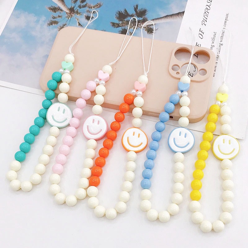 Smile Face 8warna Kontras Rantai Manik-Manik Akrilik Bulat Universal Tali Anti Hilang Untuk iPhone Android OPPO VIVO Huawei Xiaomi Redmi Samsung
