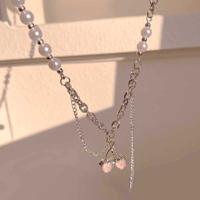Sweet Pink Zircon Pendant Necklace Untuk Wanita Hati Perak Rantai Kalung Choker Y2K Aksesoris Perhiasan