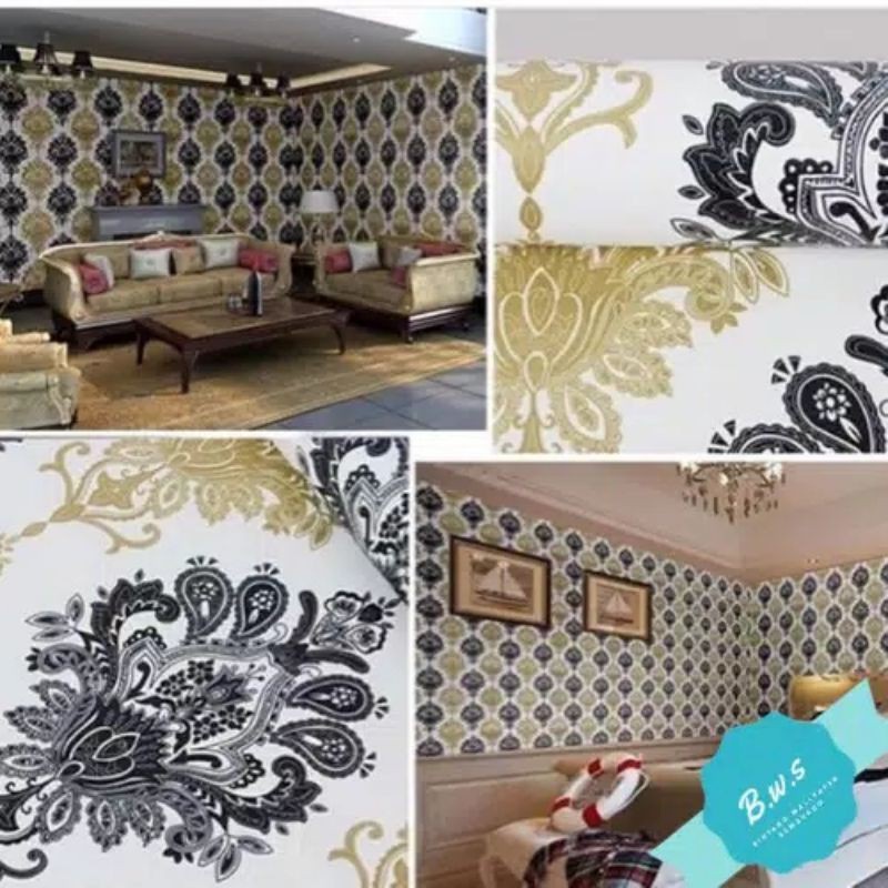 Wallpaper Sticker Dinding Batik Hitam Gold Panjang 9M++++ x Lebar 45cm