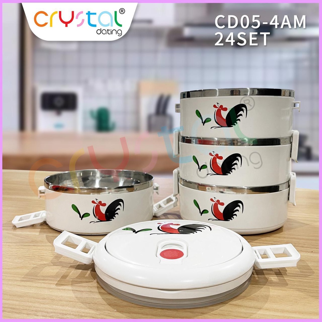 New Rantang Makan 4 Susun Stainless Motif Ayam Jago / Lunch Box Set Stainless Motif Ayam Jago /