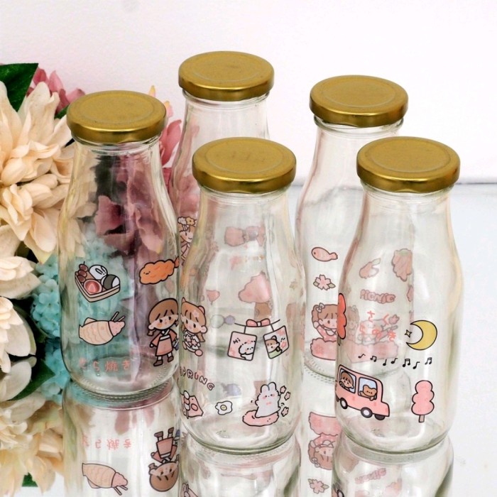 Botol Minum KACA TEBAL 300ML Lucu MOTIF KARAKTER Tutup Stainless Bagus