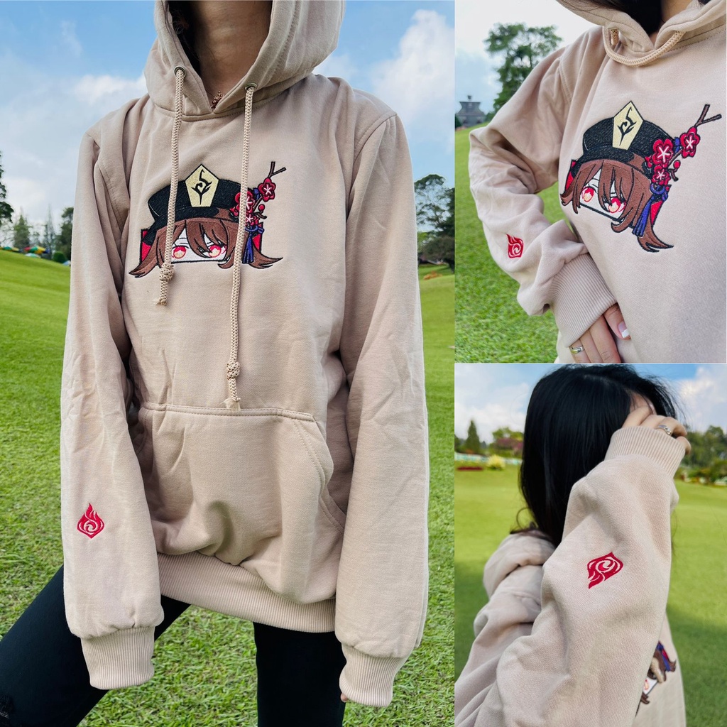 Hoodie Hu Tao Eyes Embroidery Cream Anime Gaming Genshin Impact Premium Unisex