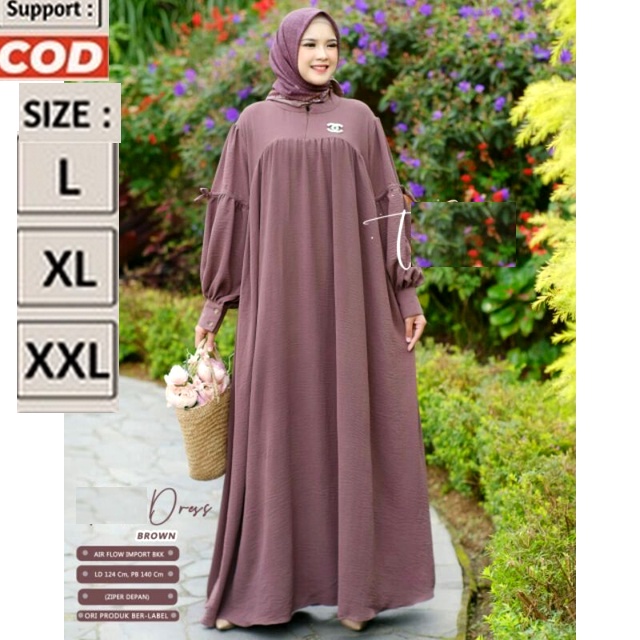 Gamis Maxy / Dress Motif Model Balon Simpel Jumbo Warna Coklat Choco Brown Milo L XL XXL LD 110 120 