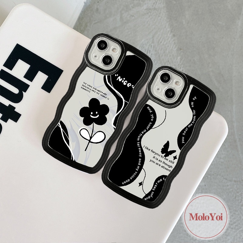 IPHONE Casing Retro Kupu-Kupu Kompatibel Untuk Iphone14 11 13 12 Pro Max XR X7 14 6s 86 Plus XS Max SE 2020 Shockproof Vintage Black Flower Soft Tpu Wavy Edge Back Cover