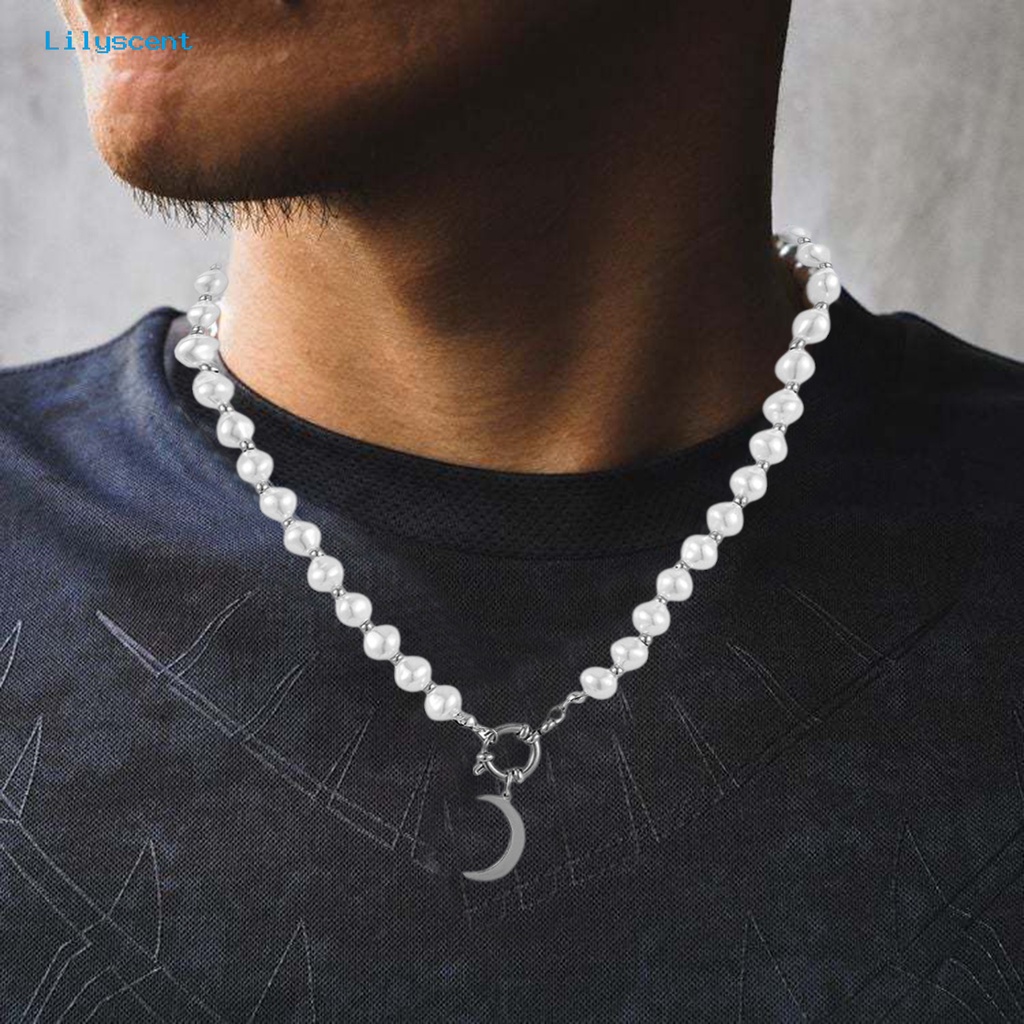 [LS] Kalung Pria Klasik Mutiara Imitasi Hip Hop Geometris Electroplating Hias Stainless Steel Laki Bulan Liontin Kalung Fashion Perhiasan Untuk Pakaian Sehari-Hari