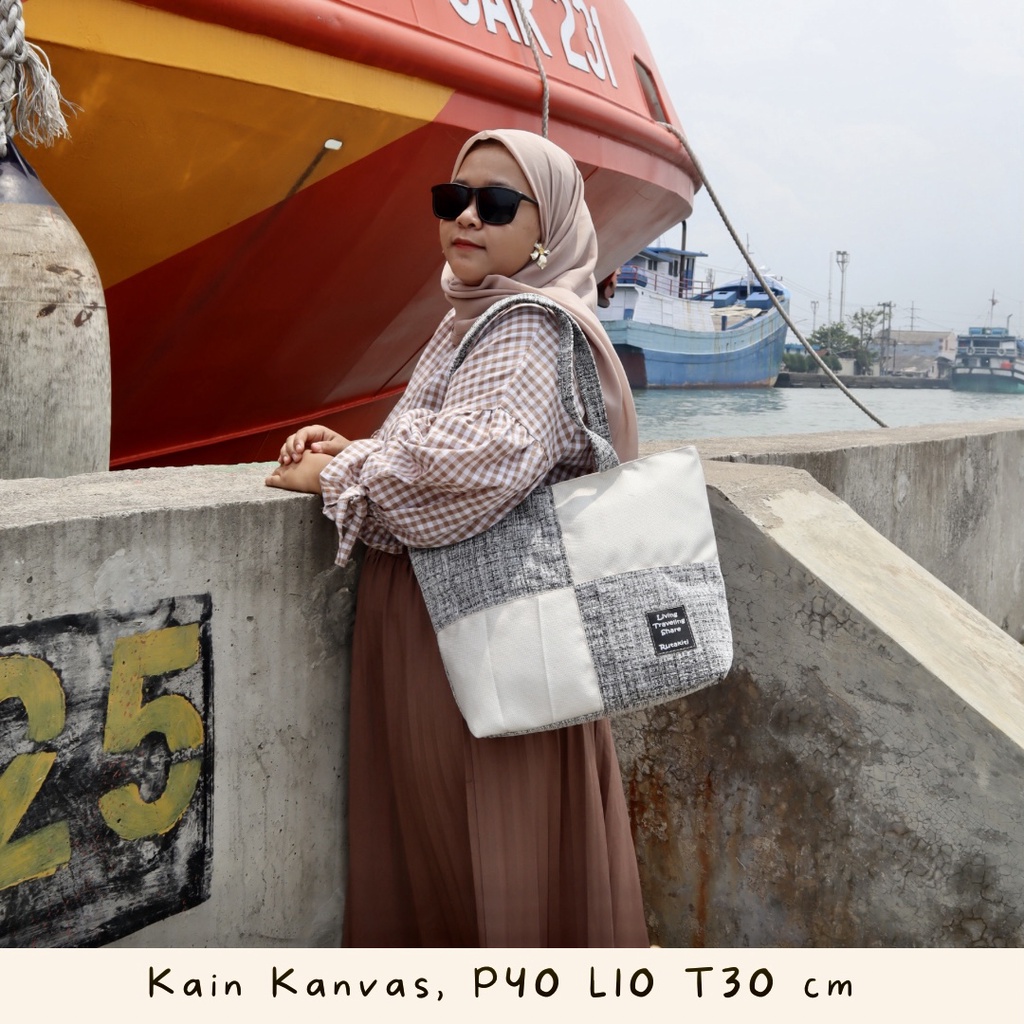 ( BISA COD) Tas Tote Kanvas Crem Krem Putih Karakter Sablon Totebag Kata Motivasi Tas Bahu Gambar Lucu