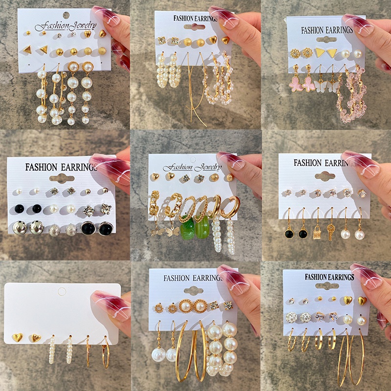 Retro Emas Perak Stud Earring Set Untuk Wanita Resin Kristal Mutiara Twist Hoop Earrings Dropping Oil Butterfly Heart Drop Earing Jewelry Aksesoris Fashion