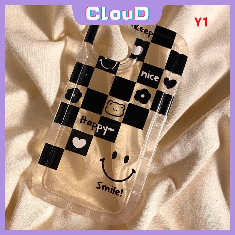 IPHONE Pasangan Chessboard Cinta Hati Case Kompatibel Untuk Iphone7 6s 8 6 Plus XR X13 11 12 14 Pro Max XS Max SE 2020 Smiley Lucu Shockproof Airbag Lembut Tpu Bunga Cover