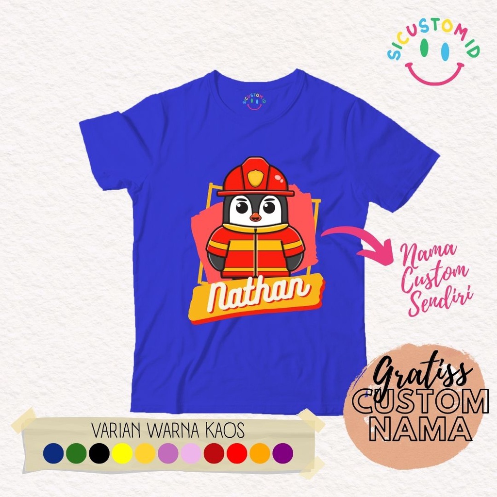 TERLARIS BAJU KAOS ANAK TANGAN PENDEK PENGUIN PEMADAM KEBAKARAN GRATIS CUSTOM NAMA / TULISAN KARTUN PROFESI / PEKERJAAN