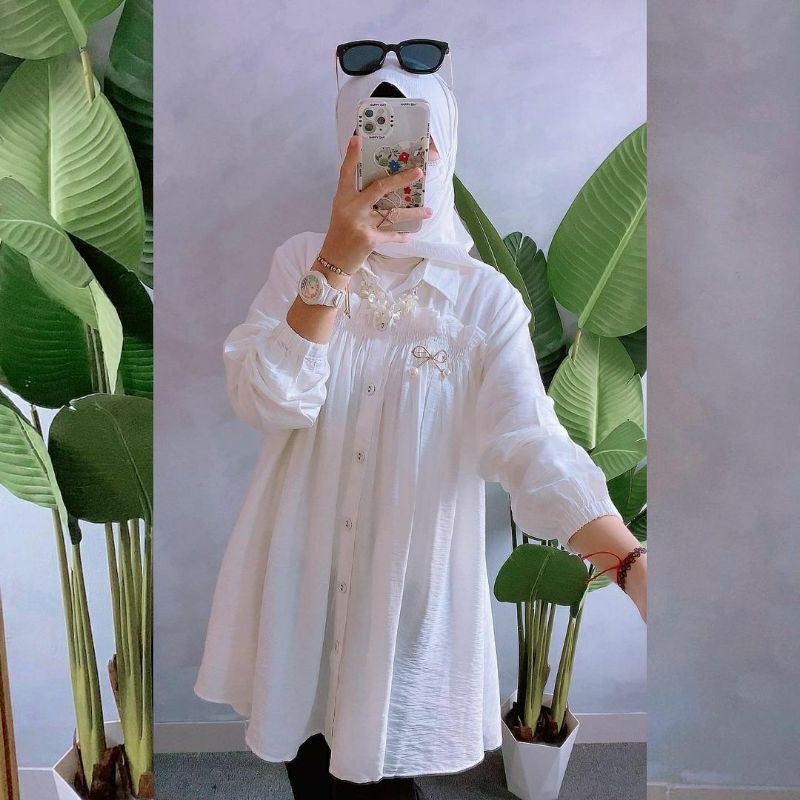 Shanaz Top, BLOUSE PUTIH WANITA CANTIK MODIS FIT XXL LD 112 BAHAN LINEN CRINCLE PREMIUM TERMURAH OOTD KEKINIAN TERLARIS