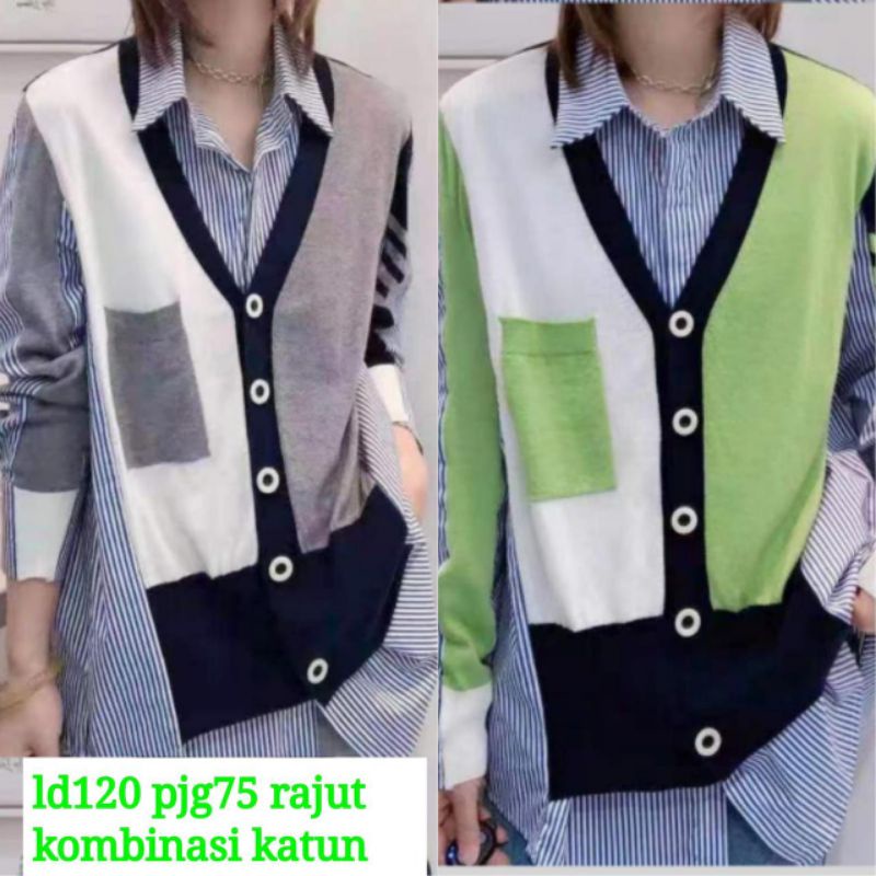 Kemeja + Vest Kotak Bahan Katun Mix Rajut Import