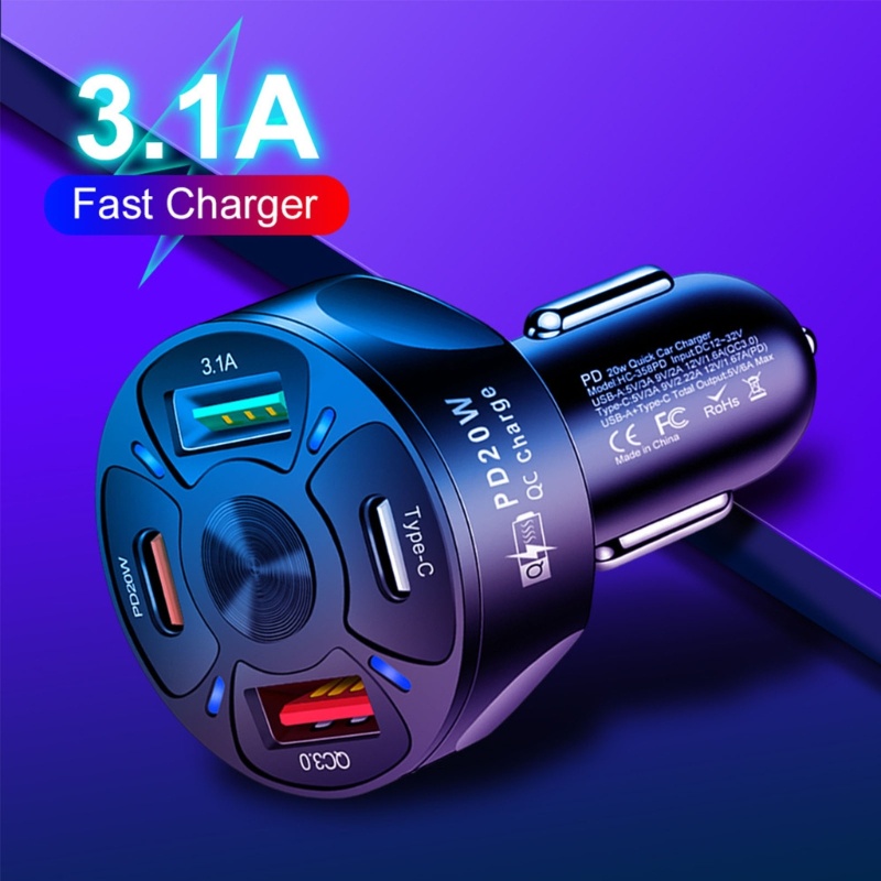 Zzz Auto Car Charger Quick Charge Empat USB Port Pemantik Rokok Charger Laptop Portable Adaptor Flash Charging PD20W Q