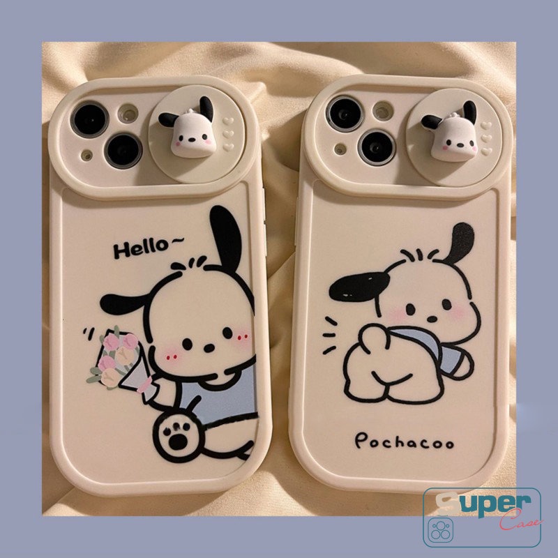 IPHONE Pasangan Casing Ponsel Kompatibel Untuk Iphone7 8 Plus11 13 12 Pro MAX XR X XS MAX Lucu Pochacco Lembut TPU Kartun 3D Boneka Push Pull Jendela Penutup Pelindung Lensa Kamera