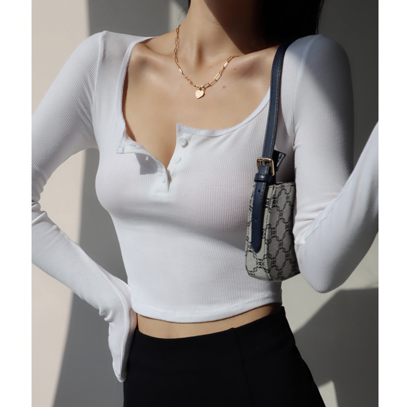 [Premium] Kaos Wanita Korean Scoop Neck Knit Import Crop Top Elastic Baju Atasan Lengan Panjang Tee