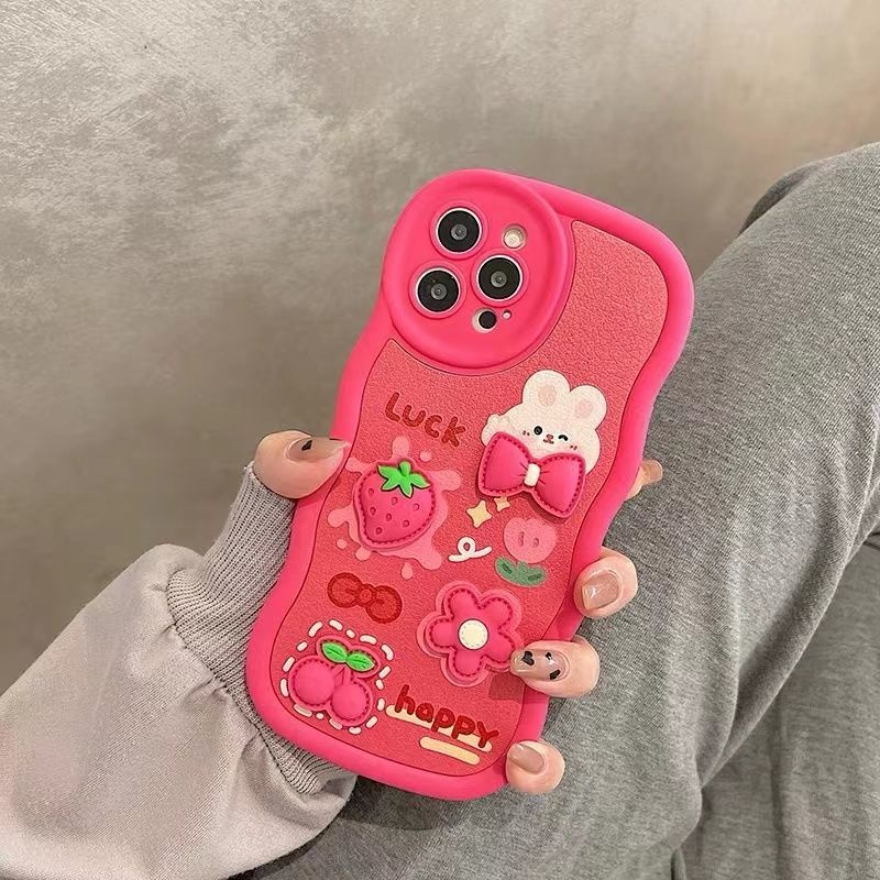 IPHONE Strawberry Rabiit Casing Ponsel Desain Bentuk Gelombang Boneka Kompatibel Dengan Iphone12 13 14 11 Pro Max X Xs Max Xr Rrdft