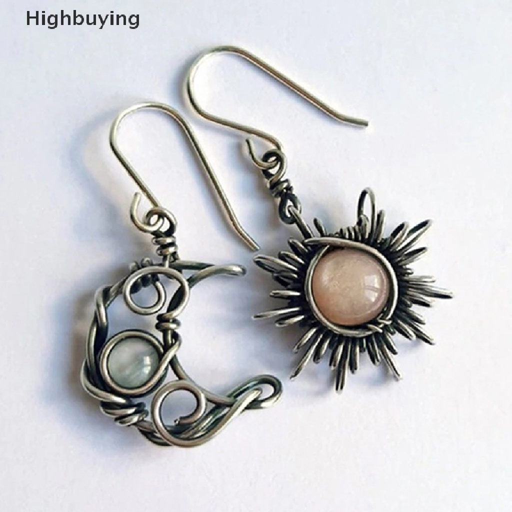 Hbid Retro Sun Moon Earrings Moonstone Asymmetric Earrings Woman Jewelry Hadiah Glory