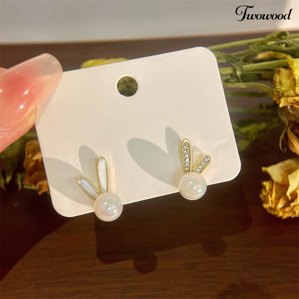 Twowood 1pasang Ear Studs Berlian Imitasi Bertatahkan Dainty Hadiah Hari Valentine High Gloss Faux Pearl Rabbit Kelinci Wanita Anting Perhiasan Fashion