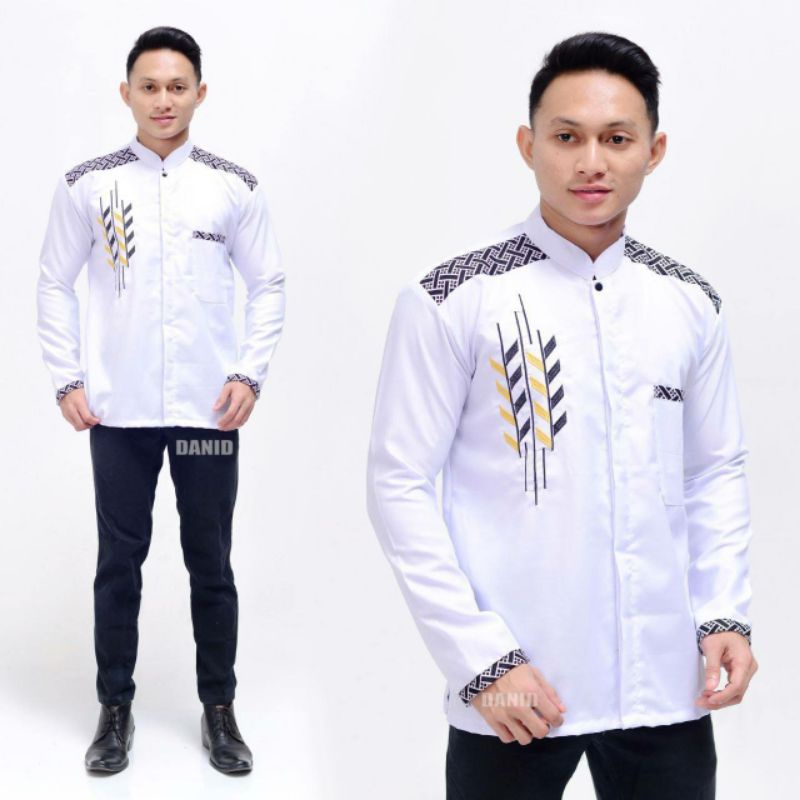 BAJU KOKO ORIGINAL HILWA MOTIF FALCON WARNA PUTIH KOMBINASI BATIK TERBARU